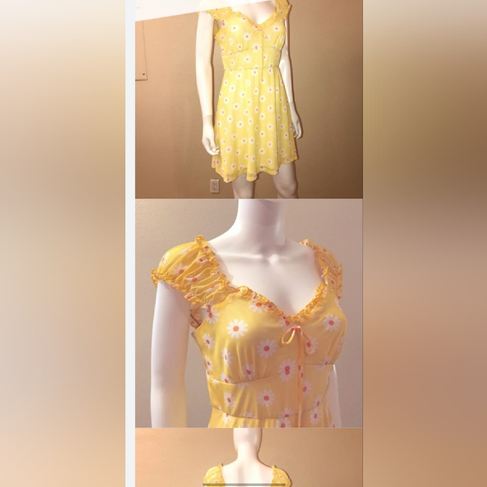 Inspired Hearts Women's M Yellow Ruffled A-Line Off Shoulder Sundress Fit Flow